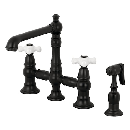 Kingston Brass English Country 8" Bridge Kitchen Faucet W/ Sprayer, Black KS7270PXBS